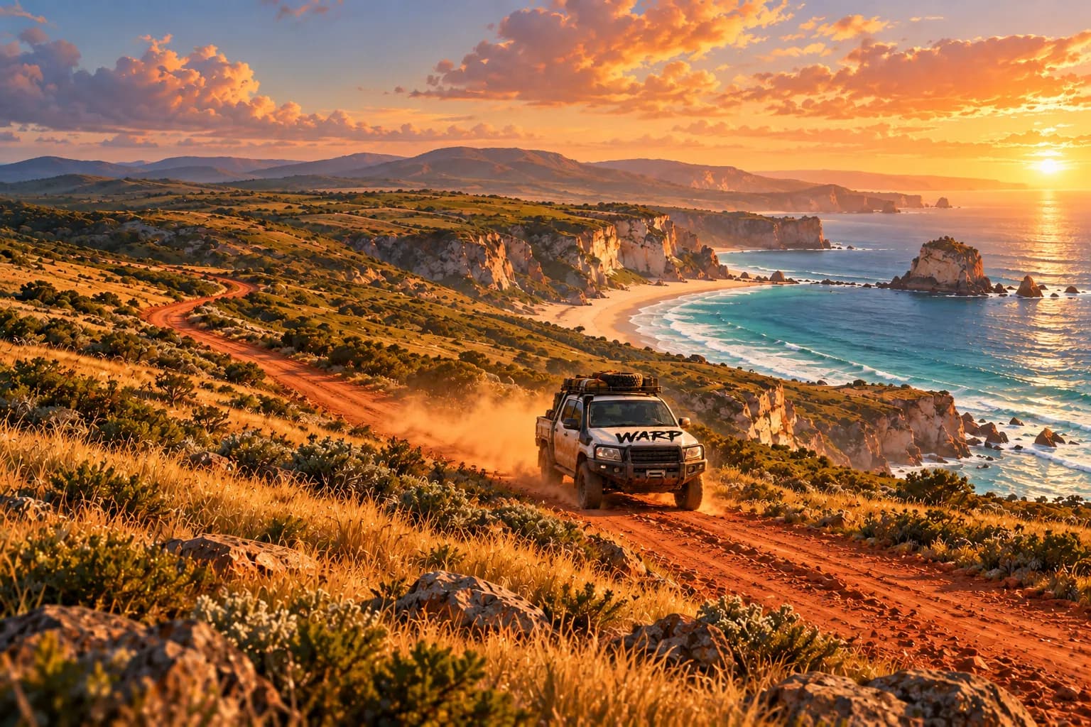 A WARP Internet 4WD kicks up red dust on a coastal track above turquoise water