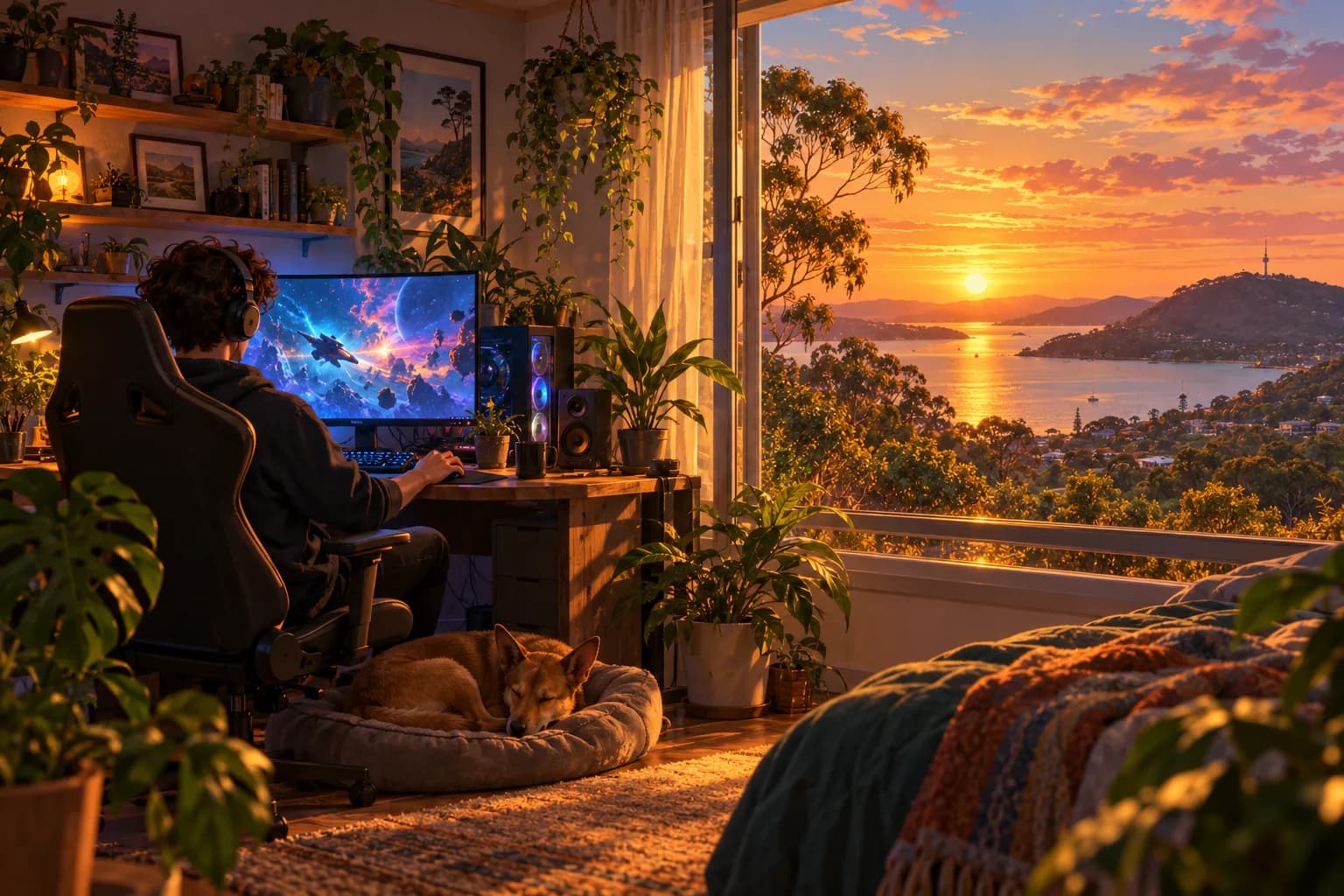 A gamer in headphones at a glowing desk setup, dog asleep at his feet, the sun setting over the bay outside