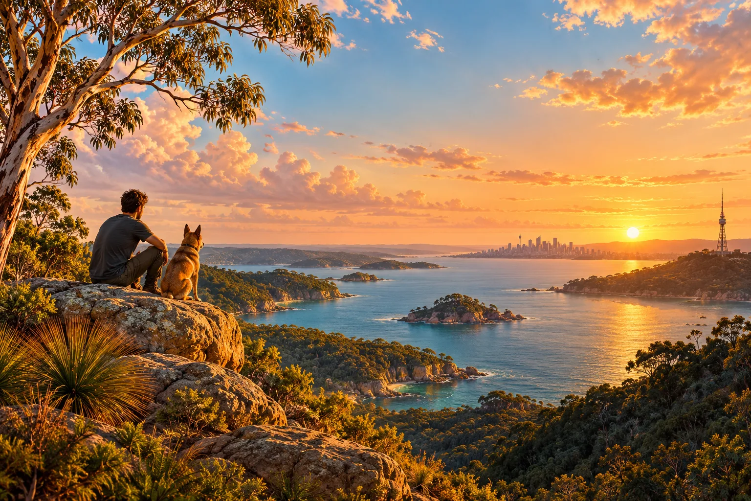 A man and his dog sit on a sandstone outcrop above a sunlit bay, the city skyline on the horizon